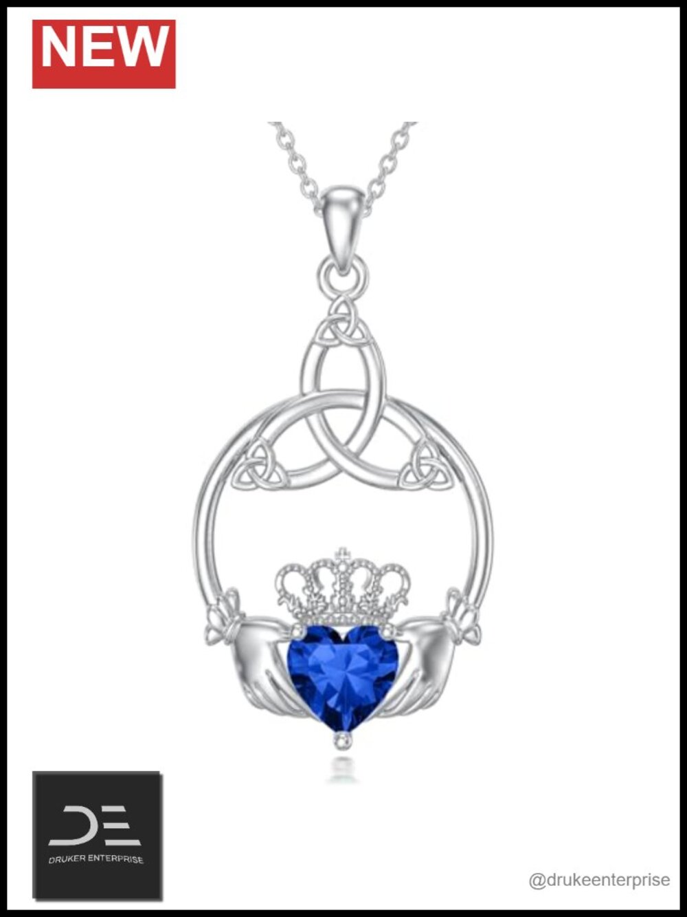 925 Sterling Silver Celtic Claddagh Pendant Necklace with Sapphire Birthstone